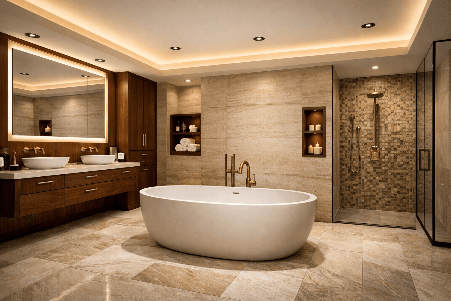 Banheiro Conceito SPA: Acabamentos e Marcenaria